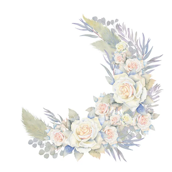 Акварельні Білі Троянди Гілки Евкаліпта Розташування Вінка Вигляді Місяця Весільний — стокове фото