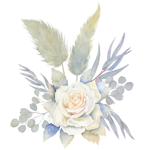 Υδατογραφία Λευκά Τριαντάφυλλα Και Ευκάλυπτος Ρύθμιση Κλαδιά Γαμήλια Ανθοδέσμη Πάμπας — Φωτογραφία Αρχείου