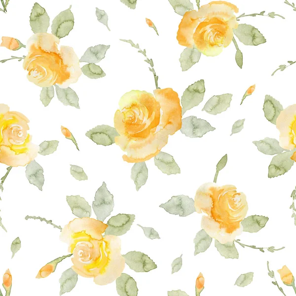 Akvarel Žluté Růže Listy Bezešvé Vzor Ručně Kreslené Jemné Květiny — Stock fotografie