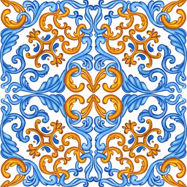 Majolica watercolor seamless pattern. Sicilian hand drawn ornament. Traditional blue and yellow ceramic tiles. Portuguese traditional azulejo pattern. Moroccan style.	