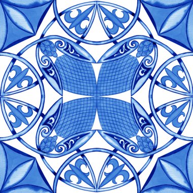 Majolica pattern. Sicilian hand drawn blue ornament. Traditional blue and white ceramic tiles. Portuguese traditional azulejo pattern. Moroccan style.	