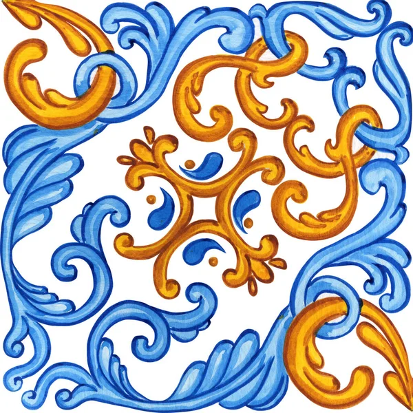 Majolica Watercolor Seamless Pattern Sicilian Hand Drawn Ornament Traditional Blue — Φωτογραφία Αρχείου