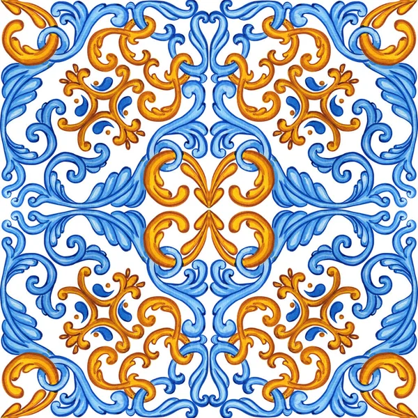 Majolica Watercolor Seamless Pattern Sicilian Hand Drawn Ornament Traditional Blue —  Fotos de Stock