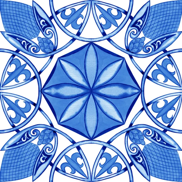 Majolica pattern. Sicilian hand drawn blue ornament. Traditional blue and white ceramic tiles. Portuguese traditional azulejo pattern. Moroccan style.	