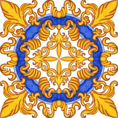 Majolica watercolor seamless pattern. Sicilian hand drawn ornament. Traditional blue and yellow ceramic tiles. Portuguese traditional azulejo pattern. Moroccan style.	