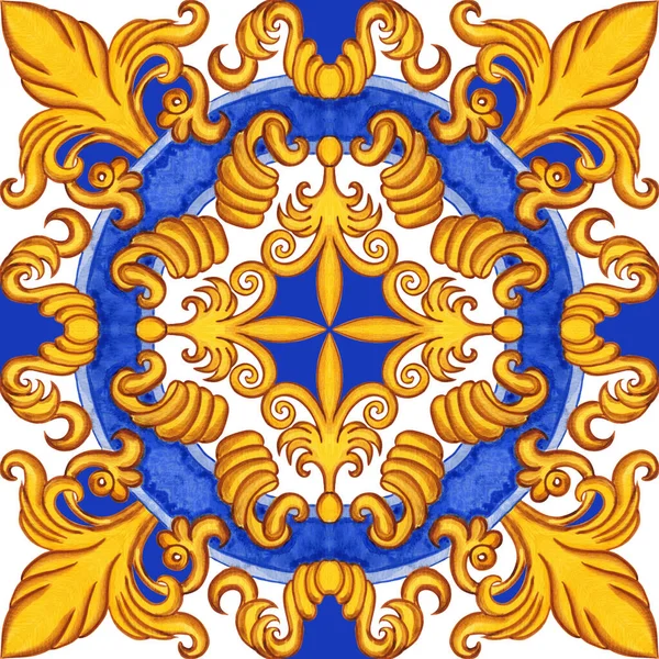 Majolica Watercolor Seamless Pattern Sicilian Hand Drawn Ornament Traditional Blue — Φωτογραφία Αρχείου