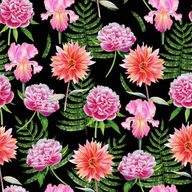 Suluboya el çiçekleri pürüzsüz desen çizdi. Çiçekli şakayıklar, süsenler ve yıldız çiçekleri kumaş ve duvar kağıtları için sonsuz bir arka plan. Parlak paket kağıdı.