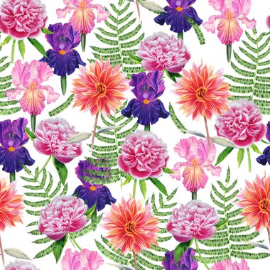 Suluboya el çiçekleri pürüzsüz desen çizdi. Çiçekli şakayıklar, süsenler ve yıldız çiçekleri kumaş ve duvar kağıtları için sonsuz bir arka plan. Parlak paket kağıdı.