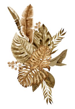 Suluboya el çizimi boho buketi. Kartpostallar ve duvar resimleri için kuru, egzotik palmiye yaprakları düzenlemesi. Bohem tarzı botanik kompozisyonu.