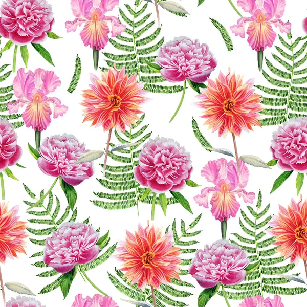 Aquarell Handgezeichnete Blumen Nahtloses Muster Blühende Pfingstrosen Schwertlilien Und Dahlien — Stockfoto