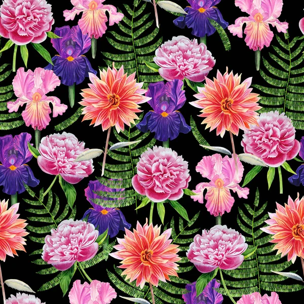 Watercolor hand drawn flowers seamless pattern. Blooming peonies, irises and dahlias endless background for fabric and wallpaper. Bright wrapping paper.