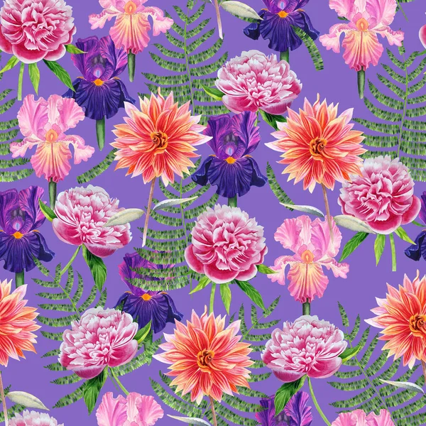 Aquarell Handgezeichnete Blumen Nahtloses Muster Blühende Pfingstrosen Schwertlilien Und Dahlien — Stockfoto