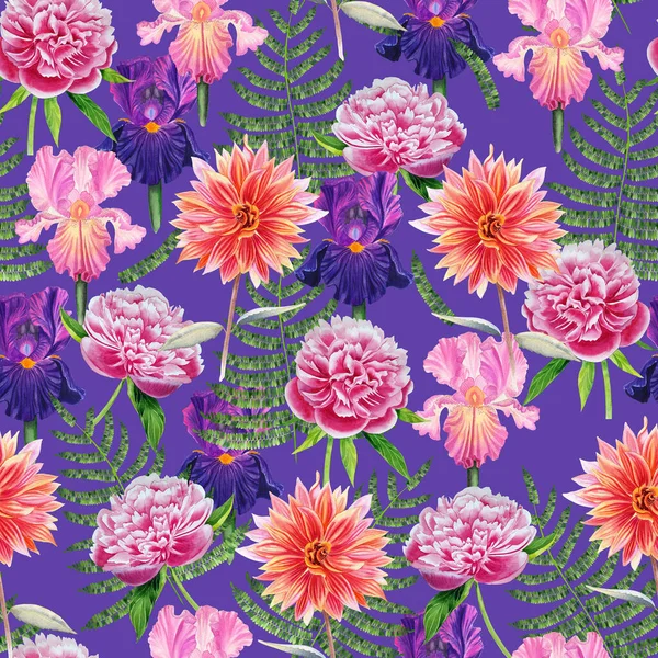 Acuarela Dibujado Mano Flores Patrón Sin Costura Peonías Florecientes Iris —  Fotos de Stock