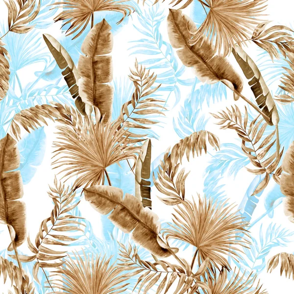 Tropische Aquarel Droge Bladeren Naadloos Patroon Exotische Plantentakken Boho Stijl — Stockfoto