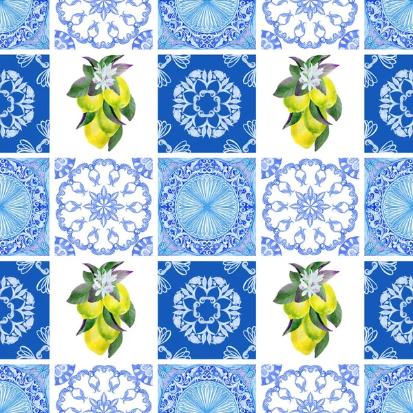 Середземномор Блакитна Майоліка Жовті Лимони Нескінченне Тло Сицилійська Традиційна Печатка — стокове фото