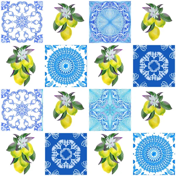 Середземномор Блакитна Майоліка Жовті Лимони Нескінченне Тло Сицилійська Традиційна Печатка — стокове фото