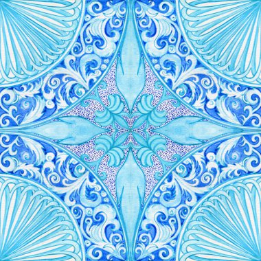Majolica seamless pattern. Sicilian hand drawn blue ornament. Traditional blue and white ceramic tiles. Portuguese traditional azulejo pattern. Moroccan style.	