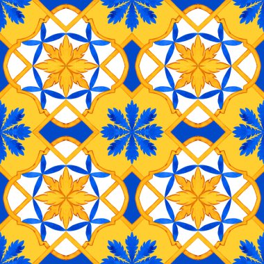 Majolica watercolor seamless pattern. Sicilian hand drawn ornament. Traditional blue and yellow ceramic tiles. Portuguese traditional azulejo pattern. Moroccan style.	