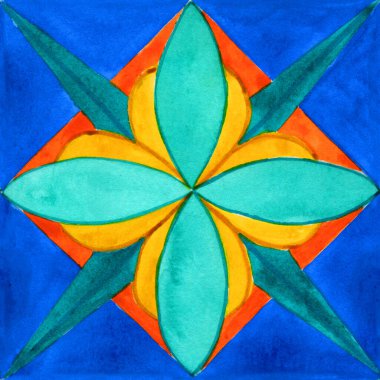 Majolica watercolor seamless pattern. Sicilian hand drawn ornament. Traditional blue and yellow ceramic tiles. Portuguese traditional azulejo pattern. Moroccan style.	