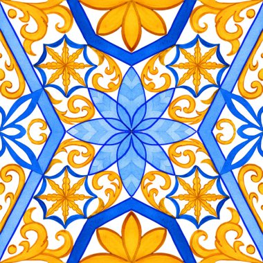 Majolica watercolor seamless pattern. Sicilian hand drawn ornament. Traditional blue and yellow ceramic tiles. Portuguese traditional azulejo pattern. Moroccan style.	