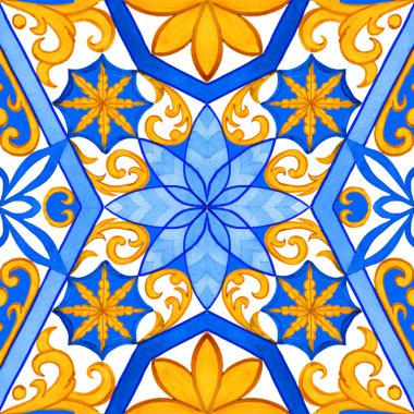 Majolica watercolor seamless pattern. Sicilian hand drawn ornament. Traditional blue and yellow ceramic tiles. Portuguese traditional azulejo pattern. Moroccan style.	
