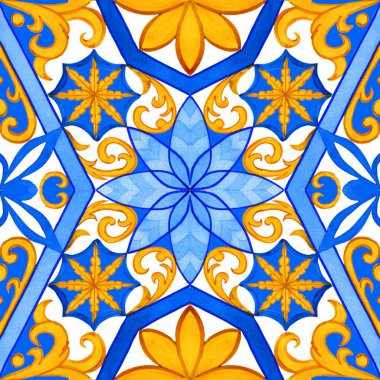 Majolica watercolor seamless pattern. Sicilian hand drawn ornament. Traditional blue and yellow ceramic tiles. Portuguese traditional azulejo pattern. Moroccan style.	