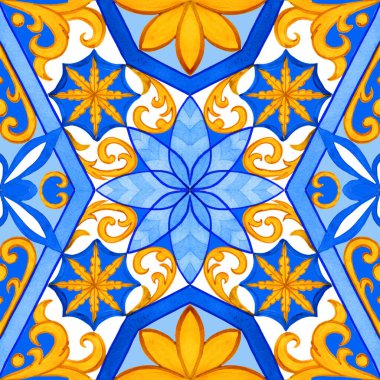 Majolica watercolor seamless pattern. Sicilian hand drawn ornament. Traditional blue and yellow ceramic tiles. Portuguese traditional azulejo pattern. Moroccan style.	
