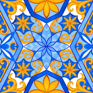 Majolica watercolor seamless pattern. Sicilian hand drawn ornament. Traditional blue and yellow ceramic tiles. Portuguese traditional azulejo pattern. Moroccan style.	