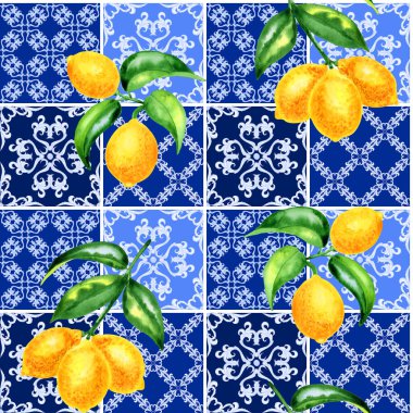 Akdeniz 'in pürüzsüz deseni. Mavi majolika fayanslar ve sarı limonlar sonsuz arka plan. Kumaş ve duvar kağıtları için geleneksel Sicilya baskısı. Mavi azulejo.