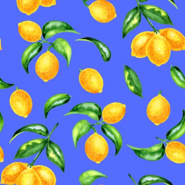 Dallardaki limonlar sulu boya desenleri. Duvar kâğıdı ve tekstil için bitmeyen sarı meyveler. El çizimi tropikal ağaç illüstrasyonu.