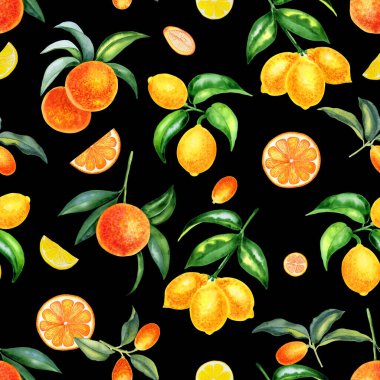 Turunçgiller suluboya desenli. İzole bir arka planda el yapımı limon, portakal ve kumkat. Kumaş ve duvar kağıtları için sonsuz süs. Tropik yaz baskısı.