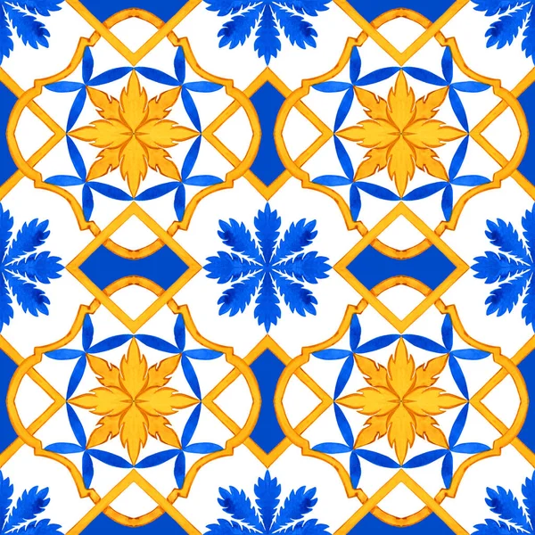 Majolica Watercolor Seamless Pattern Sicilian Hand Drawn Ornament Traditional Blue — Stock Photo, Image