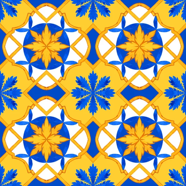 Majolica Watercolor Seamless Pattern Sicilian Hand Drawn Ornament Traditional Blue — Fotografia de Stock