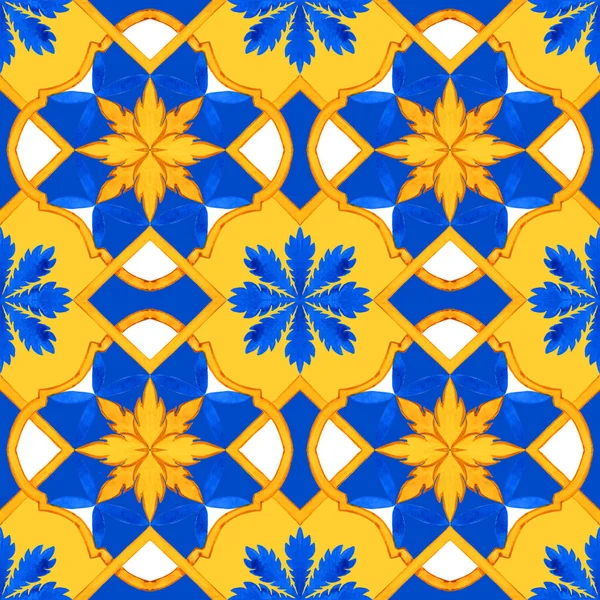 Majolica Watercolor Seamless Pattern Sicilian Hand Drawn Ornament Traditional Blue — Foto de Stock