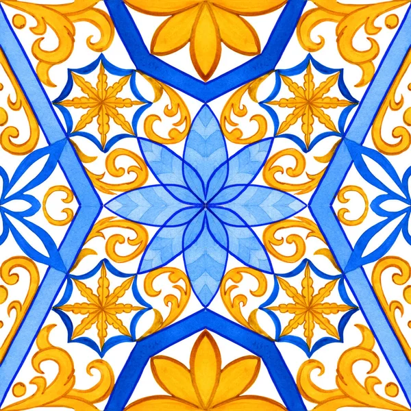 Majolica Watercolor Seamless Pattern Sicilian Hand Drawn Ornament Traditional Blue — Foto Stock