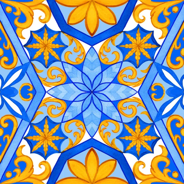 Majolica Watercolor Seamless Pattern Sicilian Hand Drawn Ornament Traditional Blue — стокове фото