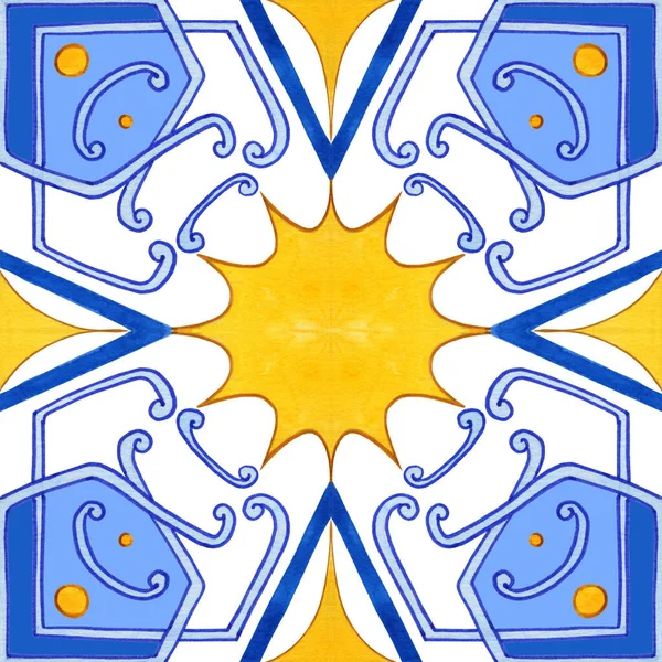 Majolica Watercolor Seamless Pattern Sicilian Hand Drawn Ornament Traditional Blue — 스톡 사진