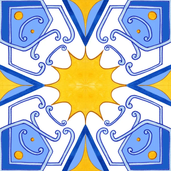 Majolica Watercolor Seamless Pattern Sicilian Hand Drawn Ornament Traditional Blue — Stock Fotó