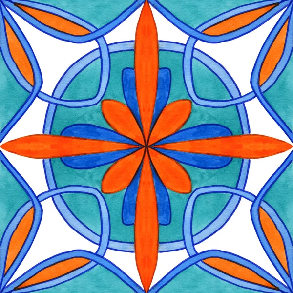 Majolica Watercolor Seamless Pattern Sicilian Hand Drawn Ornament Traditional Blue — 图库照片