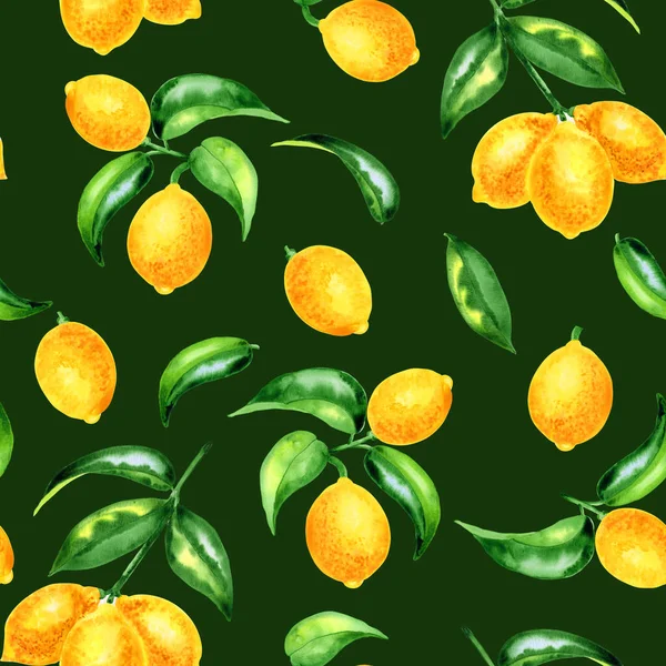 Lemons Branches Watercolor Seamless Pattern Citrus Yellow Fruits Endless Background — Stock Photo, Image