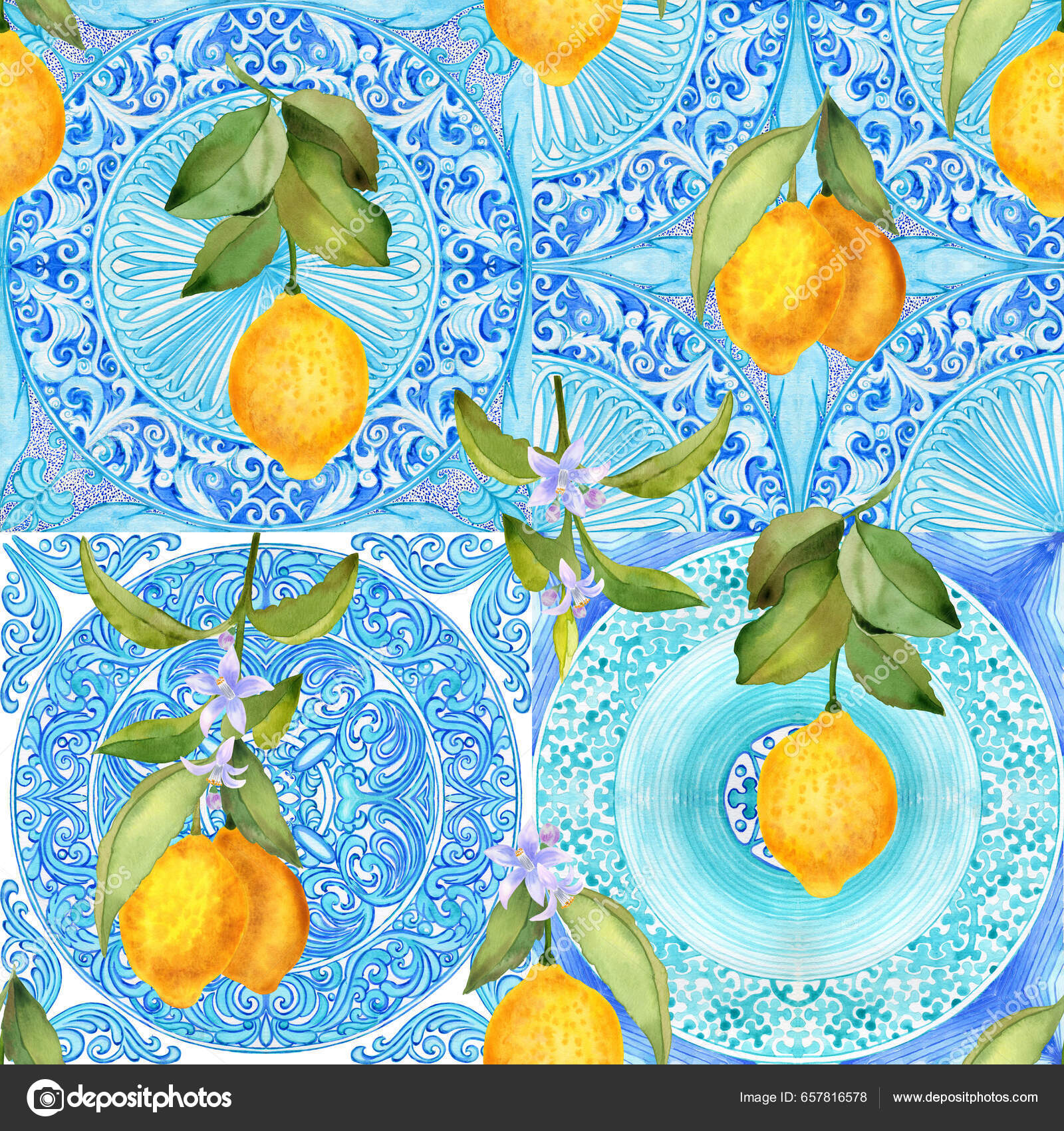 Mediterranean Seamless Pattern Blue Majolica Tiles Yellow Lemons ...