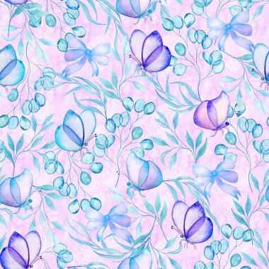 Şeffaf suluboya kelebekler ve pürüzsüz desenler bırakır. Narin renklerde sonsuz bir arkaplan. Elbiseler ve duvar kağıtları için el çizimi baskılar.