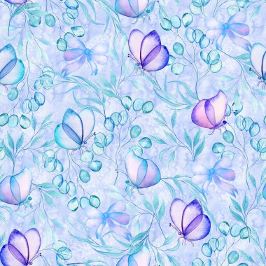 Şeffaf suluboya kelebekler ve pürüzsüz desenler bırakır. Narin renklerde sonsuz bir arkaplan. Elbiseler ve duvar kağıtları için el çizimi baskılar.