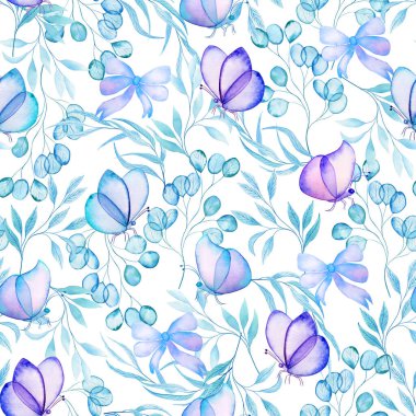 Şeffaf suluboya kelebekler ve pürüzsüz desenler bırakır. Narin renklerde sonsuz bir arkaplan. Elbiseler ve duvar kağıtları için el çizimi baskılar.