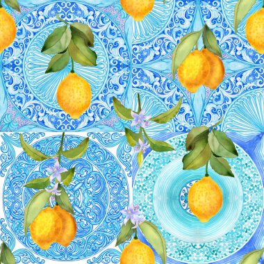 Akdeniz 'in pürüzsüz deseni. Mavi majolika fayanslar ve sarı limonlar sonsuz arka plan. Kumaş ve duvar kağıtları için geleneksel Sicilya baskısı. Mavi azulejo.