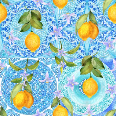 Akdeniz 'in pürüzsüz deseni. Mavi majolika fayanslar ve sarı limonlar sonsuz arka plan. Kumaş ve duvar kağıtları için geleneksel Sicilya baskısı. Mavi azulejo.