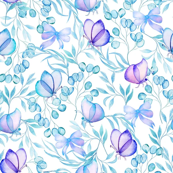 Transparent Watercolor Butterflies Leaves Seamless Pattern Endless Background Delicate Colors — Stock Photo, Image