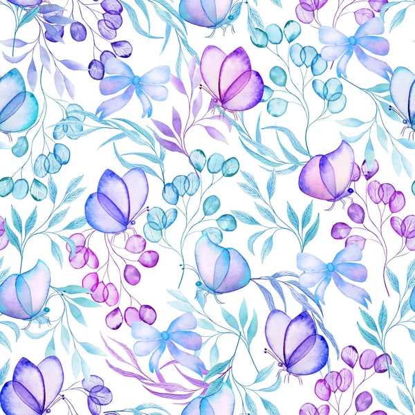 Transparent Watercolor Butterflies Leaves Seamless Pattern Endless Background Delicate Colors — Stock Photo, Image