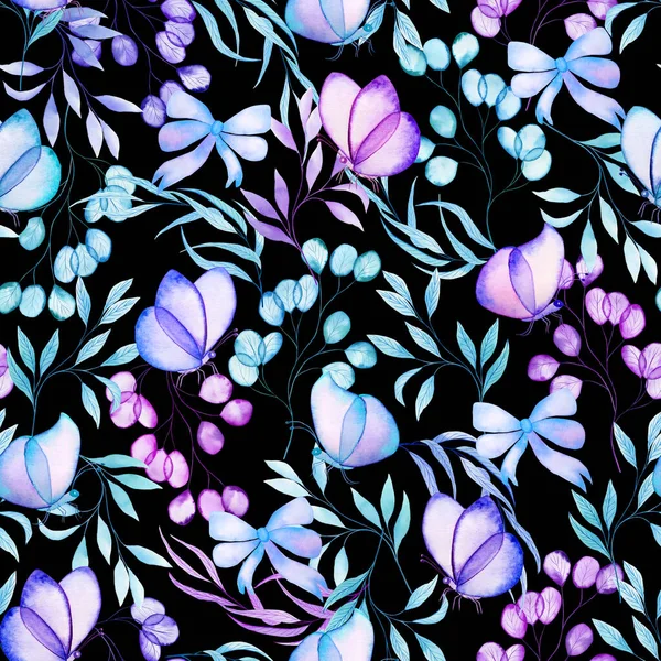 Transparante Aquarel Vlinders Bladeren Naadloos Patroon Eindeloze Achtergrond Delicate Kleuren — Stockfoto