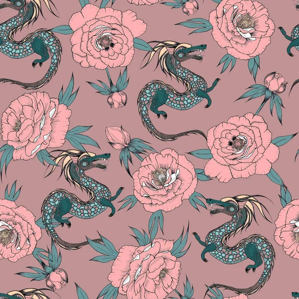 Pink peonies and green dragon seamless pattern. Hand drawn print for fabric and wallpaper. Oriental style in trendy colors.